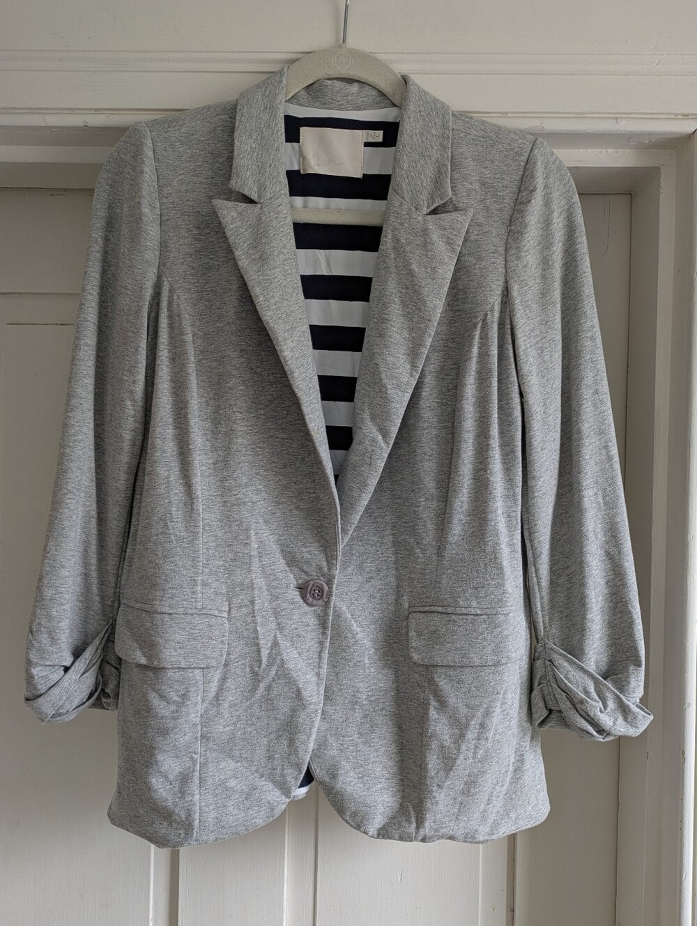 Lush Gray Knit Blazer w/ Navy & White Striped Lining, 3/4 Sleeves- L - Picture 1 of 6